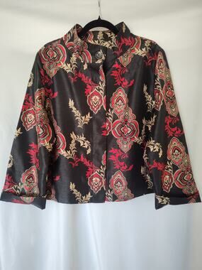 Chico's Medallion Paisley Print Jacket Size 3 XL Black Red Gold Mock Neck Coat